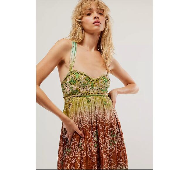 New Free People Into The Nights Maxi Dress $298 X-SMALL Forest Combo EMBROIDERED - Picture 2 of 8